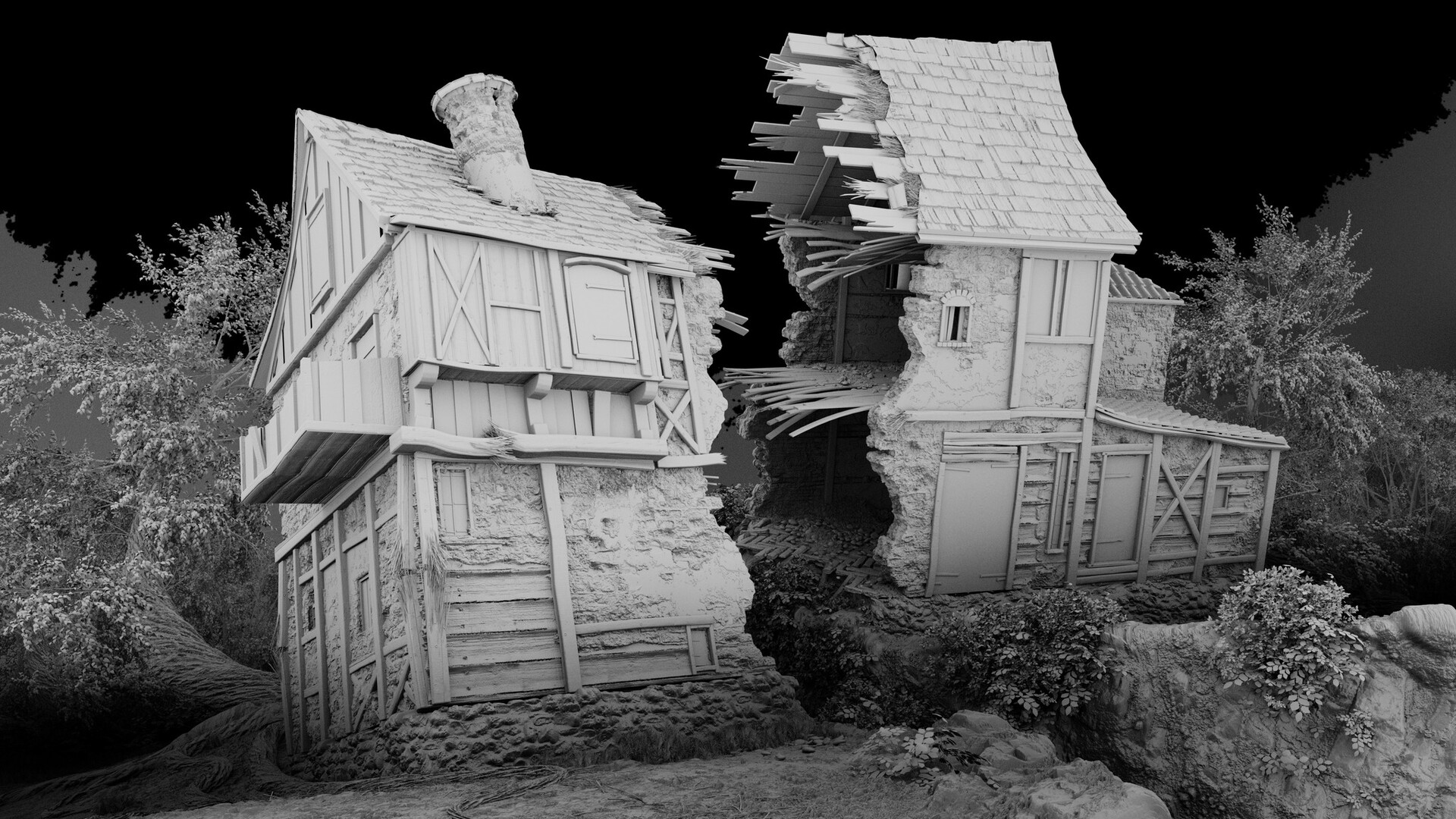 Medieval Abandoned house wireframe